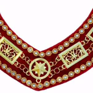 Grand Officers Blue Lodge Chain Collar - Gold Plated with Rhinestones on Red Velvet