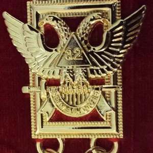 32nd Degree Scottish Rite Chain Collar - Wings Up Gold Plated on Red Velvet