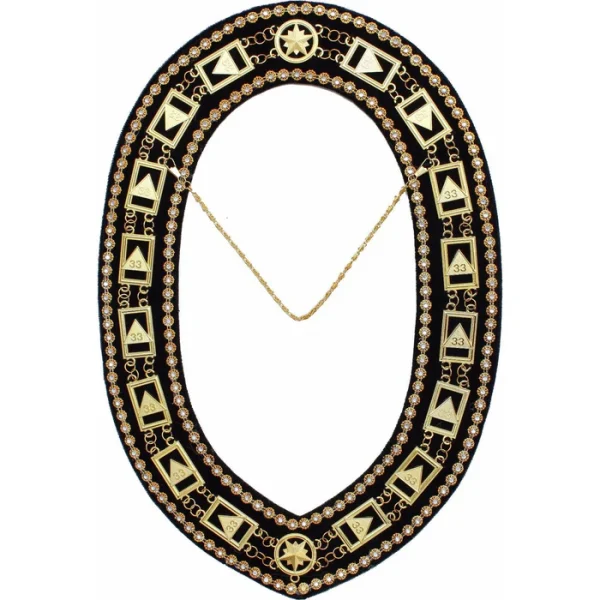 33rd Degree Scottish Rite Chain Collar - Gold Plated with Rhinestones on Black Velvet