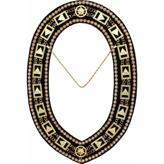 33rd Degree Scottish Rite Chain Collar – Gold Plated with Rhinestones on Black Velvet