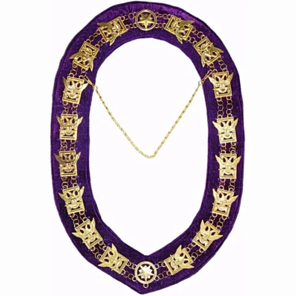 32nd Degree Scottish Rite Chain Collar - Wings Up Gold Plated Square & Compass on Purple Velvet