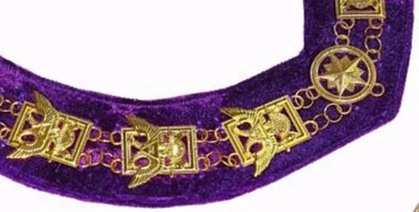 32nd Degree Scottish Rite Chain Collar - Wings Up Gold Plated Square & Compass on Purple Velvet