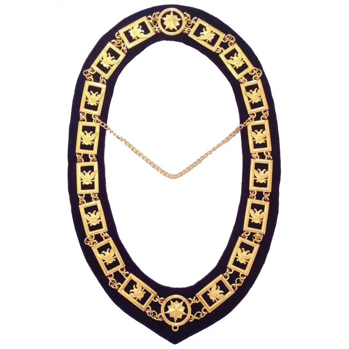 32nd Degree Scottish Rite Chain Collar – Wings Up Gold Plated on Purple Velvet