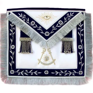 Past Master Blue Lodge Apron - Navy Blue with Silver Fringe Tassels Hand Embroidery