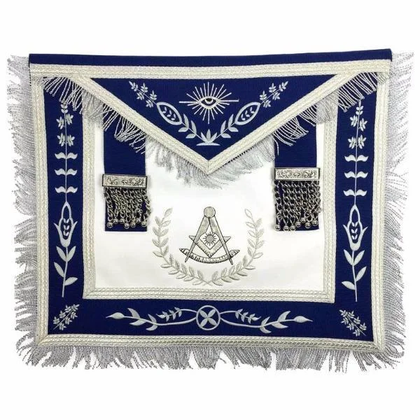 Past Master Blue Lodge Apron - White & Royal Blue with Silver Embroidery