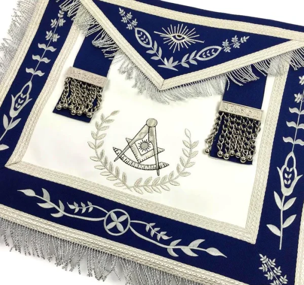 Past Master Blue Lodge Apron - White & Royal Blue with Silver Embroidery