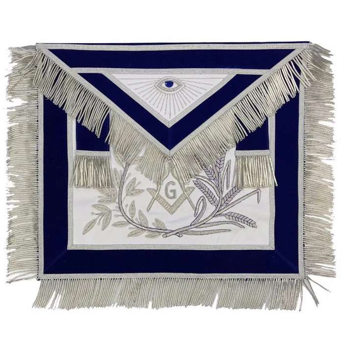 Master Mason Blue Lodge Apron – Blue Velvet with Silver Fringe Hand Embroidered