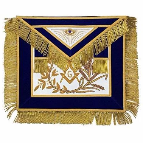 Master Mason Blue Lodge Apron - Blue Velvet with Gold Fringe Hand Embroidered