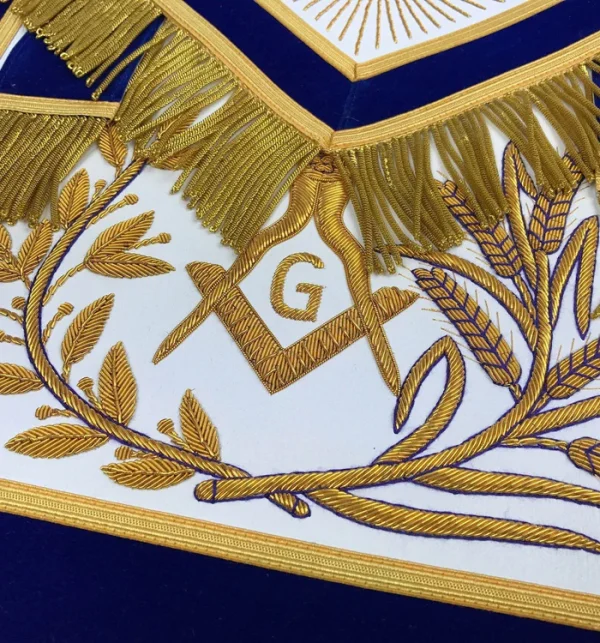 Master Mason Blue Lodge Apron - Blue Velvet with Gold Fringe Hand Embroidered