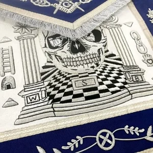 Master Mason Blue Lodge Apron - Skull Pillars Masters Carpet Silver Embroidery