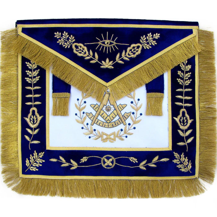 Past Master Blue Lodge Apron – Blue Hand Embroidery with Golden Fringe Tassels