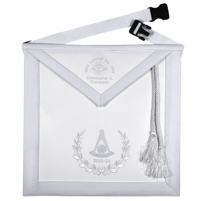 Grand Past Master Blue Lodge Apron – White Velvet Hand Threaded Silk