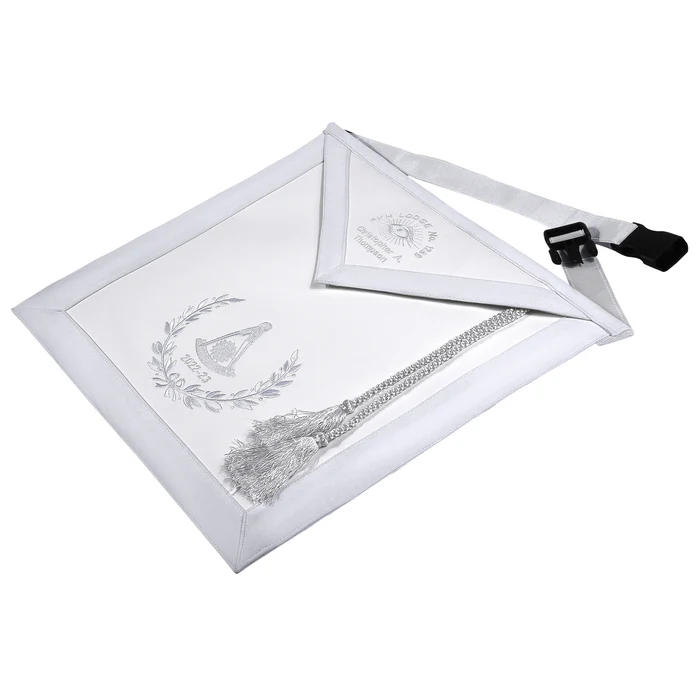 Grand Past Master Blue Lodge Apron – White Velvet Hand Threaded Silk