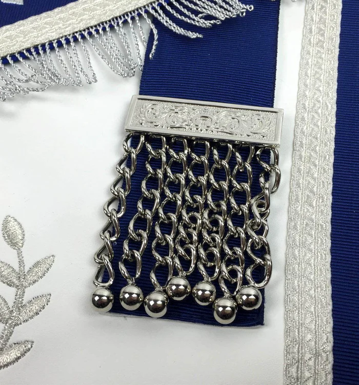 Past Master Blue Lodge Apron – White & Royal Blue with Silver Embroidery