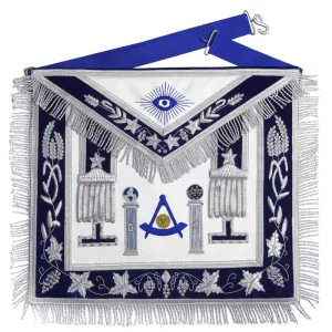 Past Master Blue Lodge California Regulation Apron - Blue & Silver Hand Embroidery Bullion with Pillars