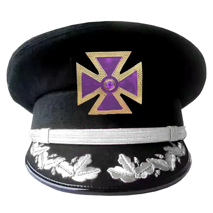 Past Grand Commander Knights Templar Commandery Fatigue Cap – Purple Metal Cross with Braid & Vinework (Gold/Silver)