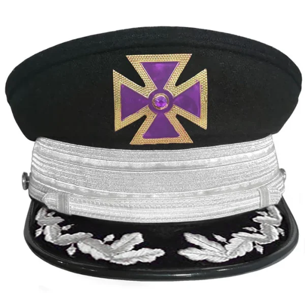 Past Grand Commander Knights Templar Commandery Fatigue Cap - Purple Metal Cross with Large Braid & Vinework (Gold/Silver)