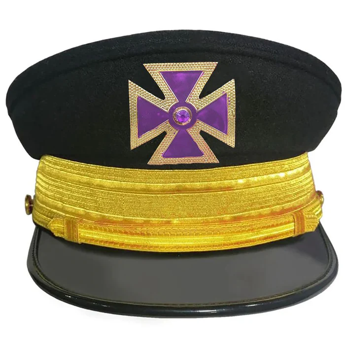 Past Grand Commander Knights Templar Commandery Fatigue Cap – Purple Metal Cross with Large Braid (Gold/Silver)