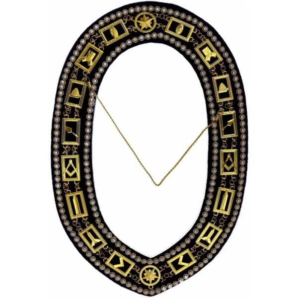 Blue Lodge Chain Collar - Gold Plated with Rhinestones on Blue Velvet