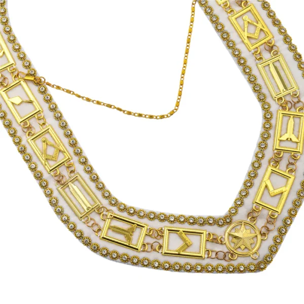 Blue Lodge Chain Collar - Gold Plated with Rhinestones on White Velvet 1 Blue Lodge Chain Collar - Gold Plated with Rhinestones on White Velvet