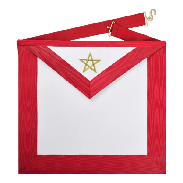 Excellent Master Allied Masonic Degrees Apron - Red Moire Ribbon with Embroidered Gold Pentagram Excellent Master Allied Masonic Degrees Apron - Red Moire Ribbon with Embroidered Gold Pentagram