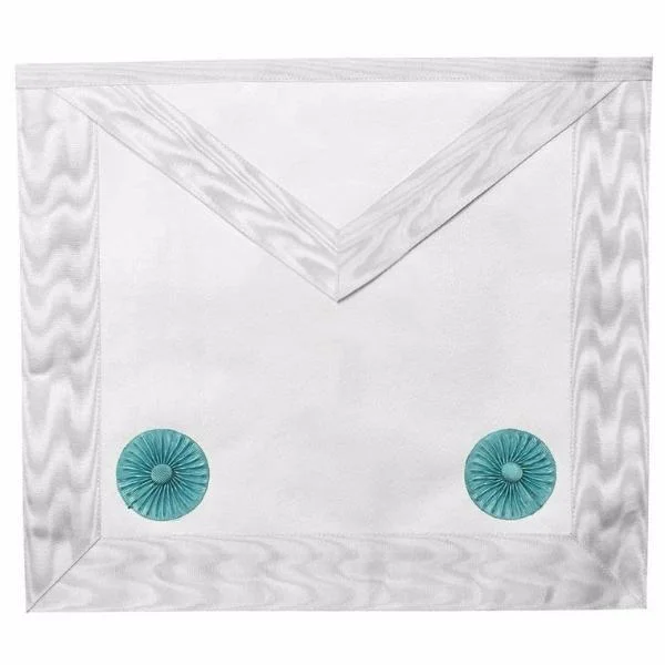 Fellowcraft Blue Lodge Apron - All White Moire with Two Turquoise Rosettes Fellowcraft Blue Lodge Apron - All White Moire with Two Turquoise Rosettes