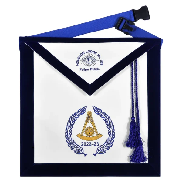 Grand Past Master Blue Lodge California Regulation Apron - Blue Velvet with Hand Threaded Silk Grand Past Master Blue Lodge California Regulation Apron - Blue Velvet with Hand Threaded Silk