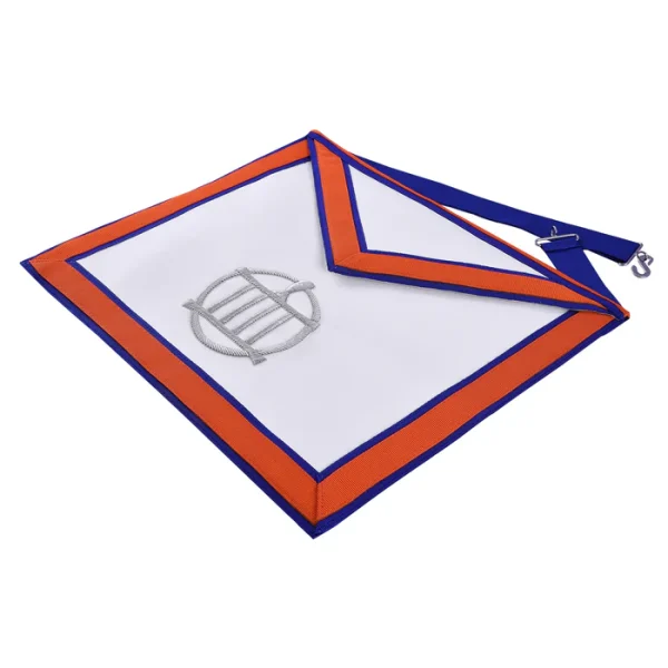 Installed Worthy Master St. Lawrence the Martyr AMD Apron - Blue & Orange Borders with Silver Gridiron