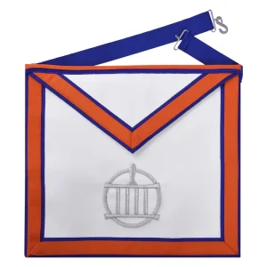 Installed Worthy Master St. Lawrence the Martyr AMD Apron - Blue & Orange Borders with Silver Gridiron
