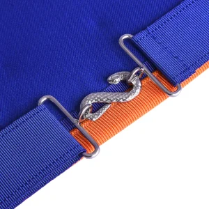 Installed Worthy Master St. Lawrence the Martyr AMD Apron - Blue & Orange Borders with Silver Gridiron