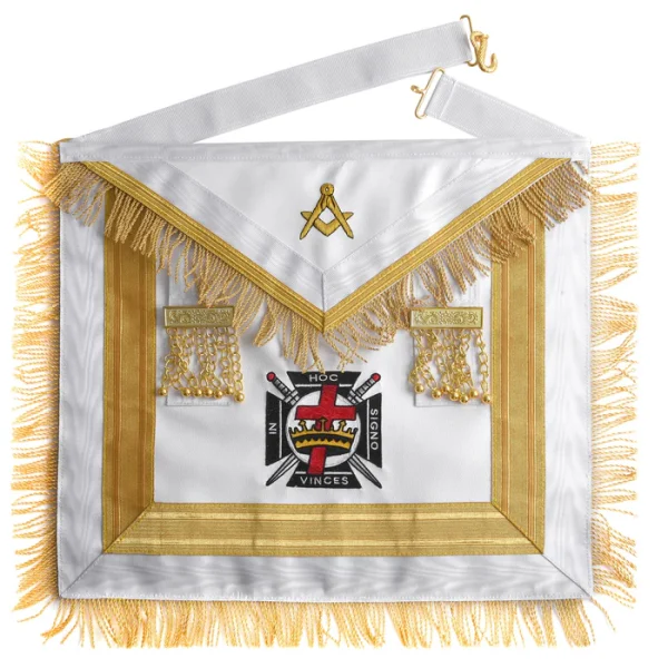 Knights Templar Commandery Apron - White & Gold Machine Embroidery with Fringe Knights Templar Commandery Apron - White & Gold Machine Embroidery with Fringe