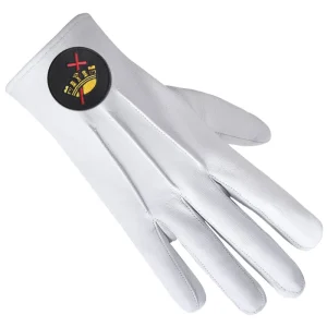 Knights Templar Commandery Gloves - White Leather with Black Patch Emblem