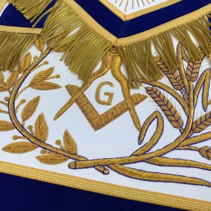 Master Mason Blue Lodge Apron - Blue Velvet with Gold Fringe Hand Embroidered