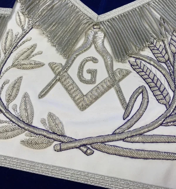 Master Mason Blue Lodge Apron - Blue Velvet with Silver Fringe Hand Embroidered 2 Master Mason Blue Lodge Apron - Blue Velvet with Silver Fringe Hand Embroidered
