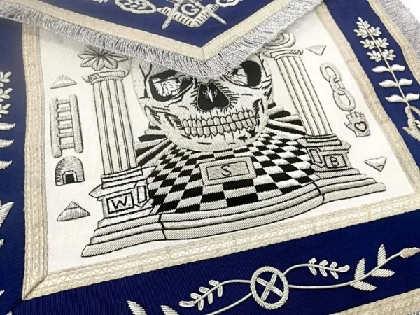 Master Mason Blue Lodge Apron - Skull Pillars Masters Carpet Silver Embroidery 1 Master Mason Blue Lodge Apron - Skull Pillars Masters Carpet Silver Embroidery