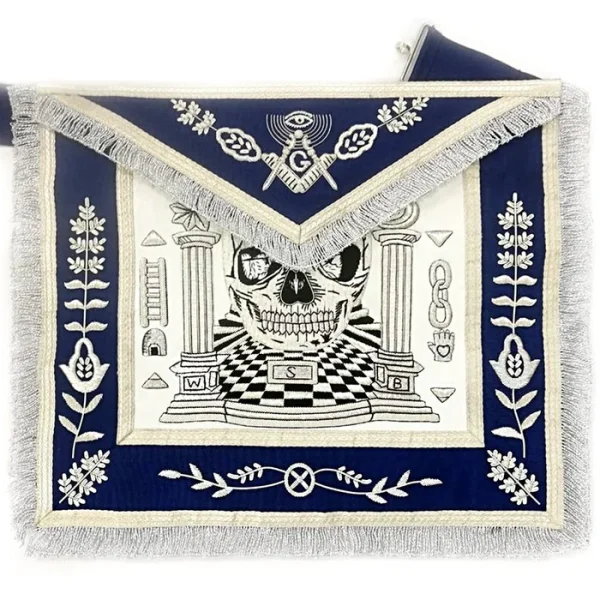 Master Mason Blue Lodge Apron - Skull Pillars Masters Carpet Silver Embroidery Master Mason Blue Lodge Apron - Skull Pillars Masters Carpet Silver Embroidery