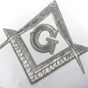 Master Mason Blue Lodge Apron - White Moire Ribbon with Silver Hand Embroidery