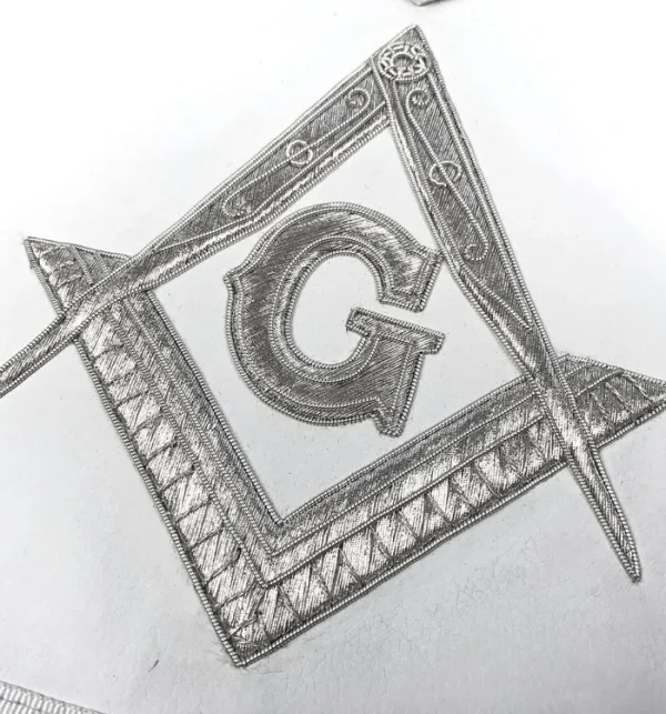 Master Mason Blue Lodge Apron - White Moire Ribbon with Silver Hand Embroidery