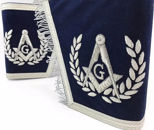 Master Mason Blue Lodge Cuff - Navy Blue & Silver Hand Embroidery with Fringe Master Mason Blue Lodge Cuff - Navy Blue & Silver Hand Embroidery with Fringe