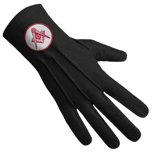 Master Mason Blue Lodge Gloves - Black Cotton with Red Emblem 1 Master Mason Blue Lodge Gloves - Black Cotton with Red Emblem Front