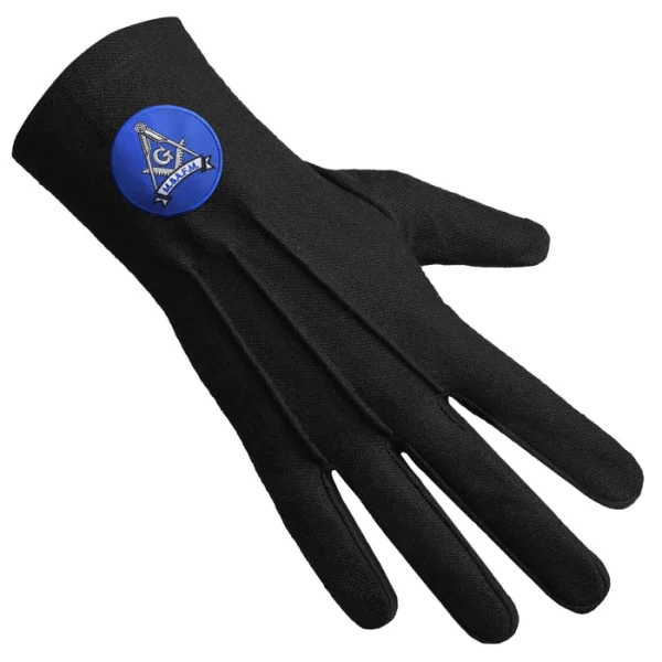 Master Mason Blue Lodge Gloves - Black Pure Cotton with Blue Round Patch 1 Master Mason Blue Lodge Gloves - Black Pure Cotton with Blue Round Patch Front
