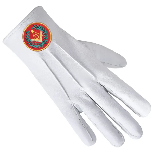 Master Mason Blue Lodge Gloves - Leather with Red Patch & Wreath 2 Master Mason Blue Lodge Gloves - Leather with Red Patch & Wreath Front