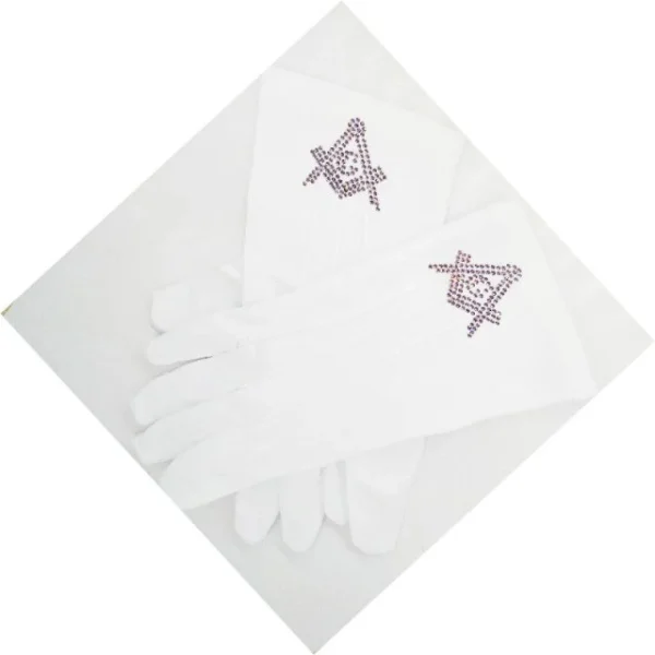 Master Mason Blue Lodge Gloves - Polyester with Square and Compass G Rhinestone 4 Master Mason Blue Lodge Gloves - Polyester with Square and Compass G Rhinestone
