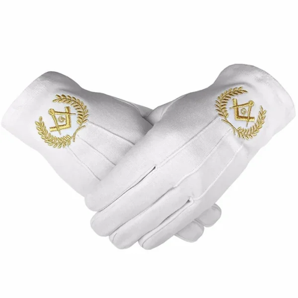 Master Mason Blue Lodge Gloves - White Cotton with Gold Square & Compass G Master Mason Blue Lodge Gloves - White Cotton with Gold Square & Compass G