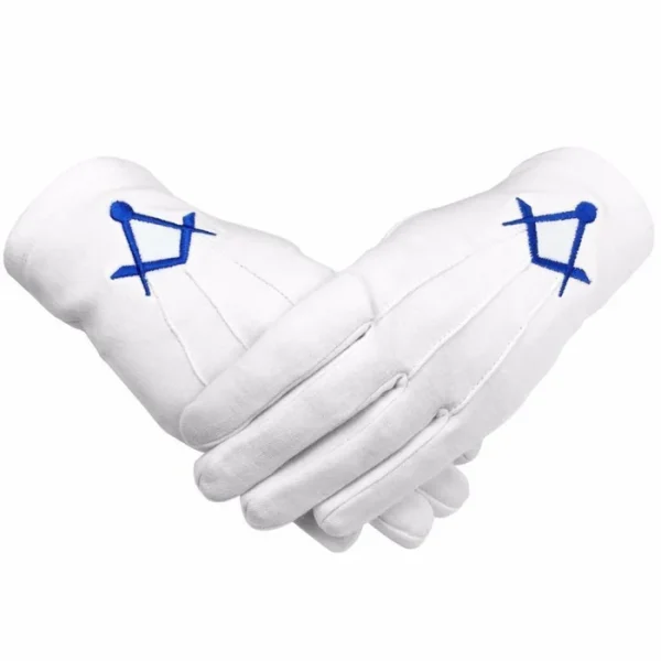 Master Mason Blue Lodge Gloves - White Cotton with Royal Blue Thin Square & Compass Master Mason Blue Lodge Gloves - White Cotton with Royal Blue Thin Square & Compass