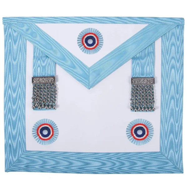Master Mason Emulation Rite English Regulation Apron - Turquoise Moire with Three Rosettes Master Mason Emulation Rite English Regulation Apron - Turquoise Moire with Three Rosettes