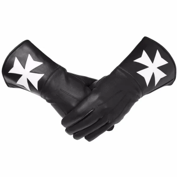 Order of Malta Commandery Gauntlets - Black Leather with White Maltese Cross Order of Malta Commandery Gauntlets - Black Leather with White Maltese Cross