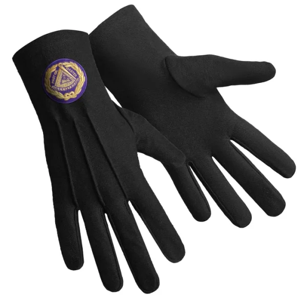 Past Grand Master Blue Lodge Gloves - Pure Black Cotton with Purple Patch