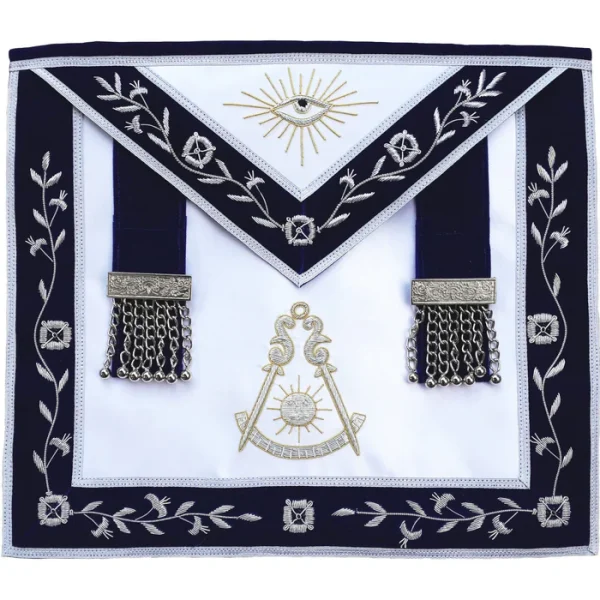 Past Master Blue Lodge Apron - Blue Velvet with Side Tabs & Silver Hand Embroidery Past Master Blue Lodge Apron - Blue Velvet with Side Tabs & Silver Hand Embroidery