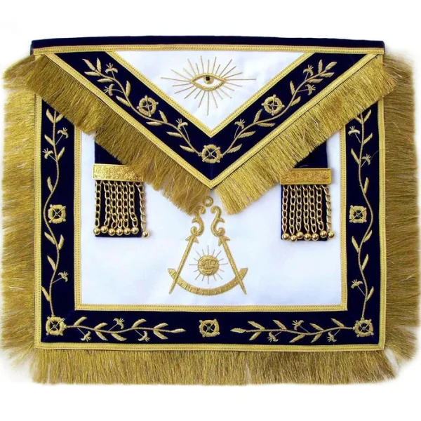 Past Master Blue Lodge Apron - Golden Vine Work & Fringe Tassels Hand Embroidery Past Master Blue Lodge Apron - Golden Vine Work & Fringe Tassels Hand Embroidery